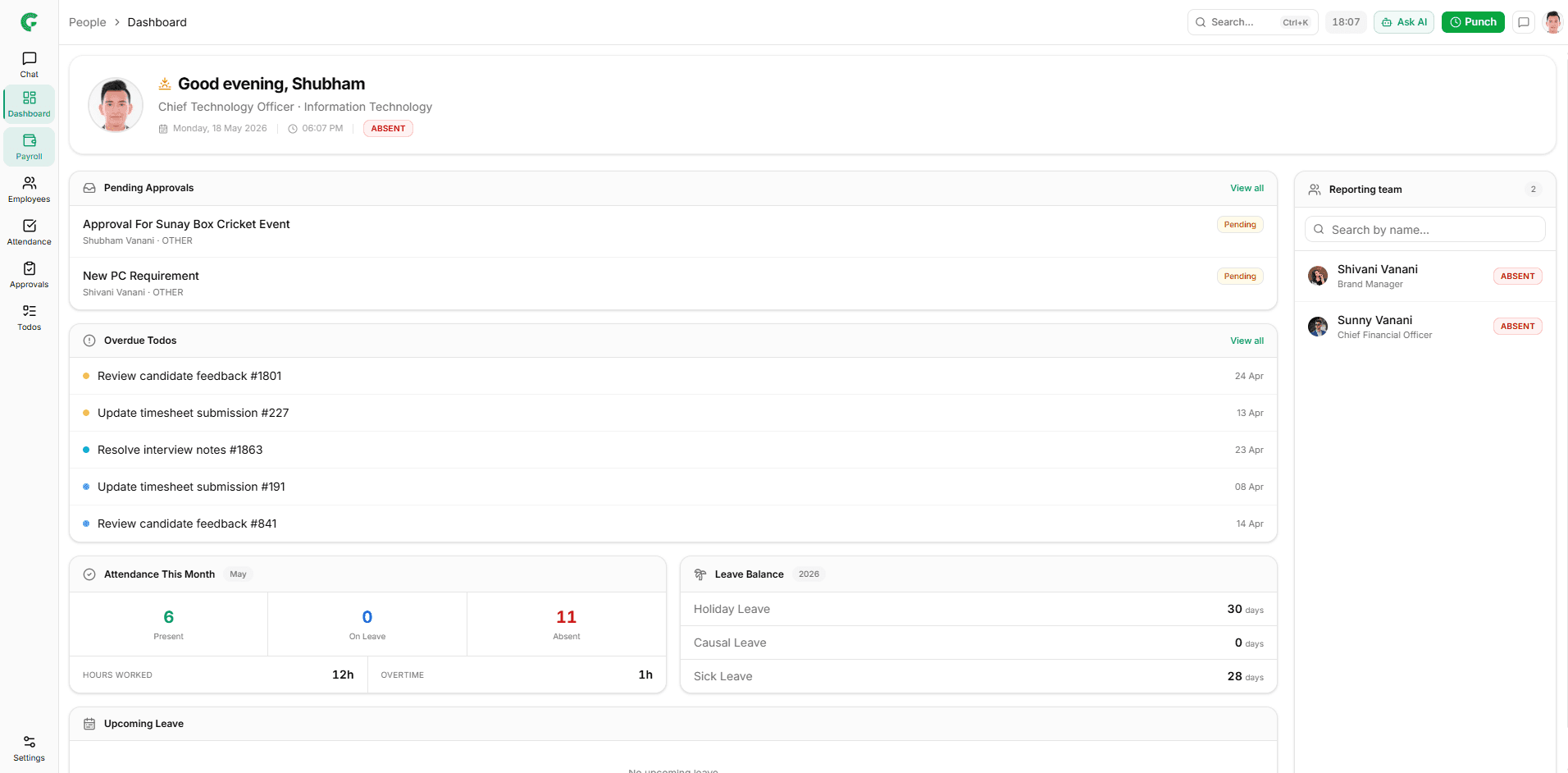 Full CredonTech HRMS interface showing dashboard, sidebar, and rich widgets